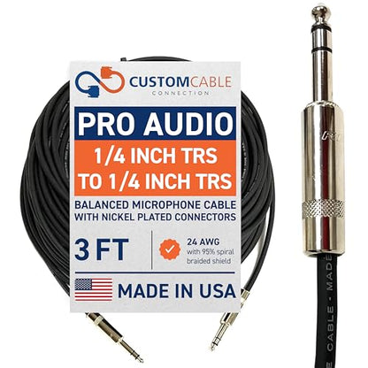 3 Foot Pro Audio REAN 1/4 inch (6.35mm) TRS to REAN 1/4 inch (6.35mm) TRS Balanced Cable with Rean NYS228 Nickel Plated connectors by Custom Cable Connection - size: 3 Foot, style: Male to Male (Nickel)