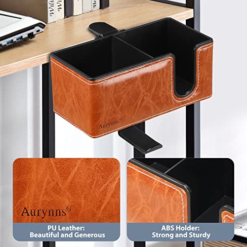Under Desk Cup Holder Clamp on Cup Holder PU Leather Clip on Desk Organizer | Desk organizer with pencil holder clamp on side, under desk hanging organizer, clip on cup holder desk phone stand holder PU - color: Light Brown