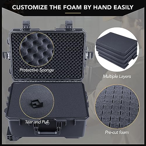 Lykus HC-5220 Hard Case with Wheels and Foam, Inner Size 19.09*12.68*8.66in | IP67 Waterproof, Pluckable Foam, Suitable for Cameras, Lenses, Electronic Equipment and More - size: HC-5220: 22.83x16.54x11.42 inch