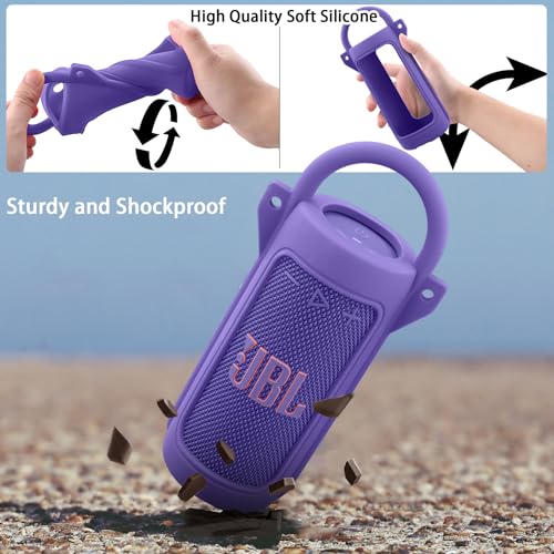 for JBL Grip Portable Waterproof Speaker Silicone Case, Purple | Portable Travel Soft Cover with Adjustable Shoulder Strap and Carabiner, Protective Skin Case, Anti-Slip Feet - color: Purple Case