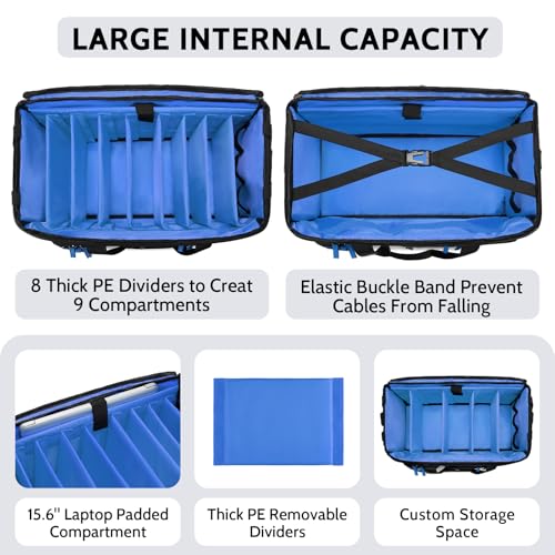 DJ Cable Bag with Detachable Dividers for Equipment and Music Gear, Blue | Laptop and Microphone Pocket, Versatile Carrying with Shoulder Strap, Durable Fabric, for Musicians and Audio Professionals - color: Blue