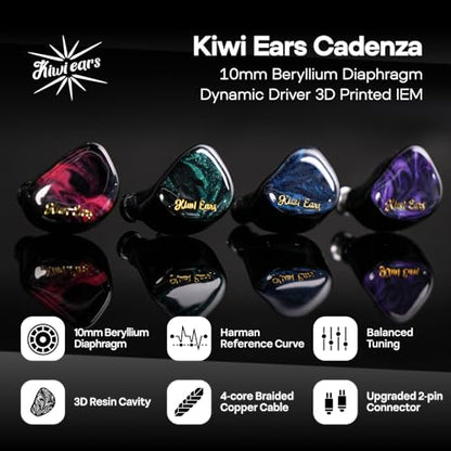 Linsoul Kiwi Ears Cadenza 10mm Beryllium Dynamic Driver IEMs, Green | with 3D-Printed Shell, Audiophile Sound Balance, Detachable 0.78 2pin 3.5mm IEM Cable for Music Enthusiasts Musicians - color: Green