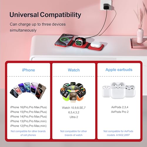 3 in 1 Charging Station for Multple Devices,Foldable 3 in 1 Wireless Charger for Travel,Nano Wireless Charging Station for iPhone16 15 14 13 12 Pro Max/Watch 10 9 8 7 6 5 4 3 Ultra/AirPod Pro - color: Red
