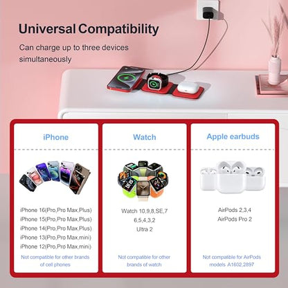 3 in 1 Charging Station for Multple Devices,Foldable 3 in 1 Wireless Charger for Travel,Nano Wireless Charging Station for iPhone16 15 14 13 12 Pro Max/Watch 10 9 8 7 6 5 4 3 Ultra/AirPod Pro - color: Red