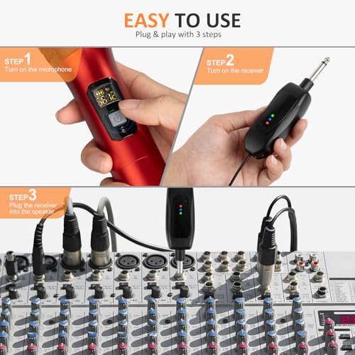 Soundgeek Wireless Microphone UHF Metal Dual Handheld Mic with Rechargeable Receiver 200ft Range, Microphone for Singing, Karaoke, Church, Speech, Wedding, Party Singing(2 Mics, Gray & Gray)