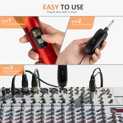Soundgeek Wireless Microphone UHF Metal Dual Handheld Mic with Rechargeable Receiver 200ft Range, Microphone for Singing, Karaoke, Church, Speech, Wedding, Party Singing(2 Mics, Gray & Gray)