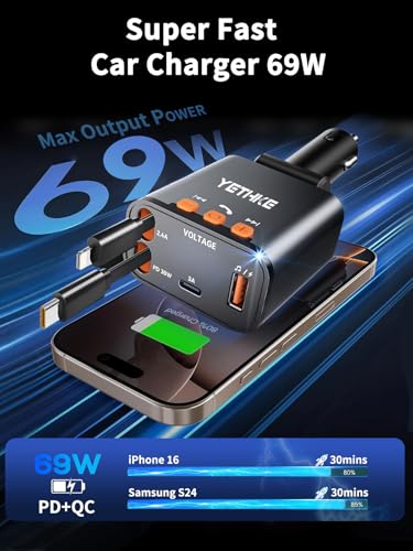 Bluetooth Car Adapter with Retractable Charger, FM Transmitter Bluetooth 5.4 for Cars, 4 in 1 Fast Car Phone Charger 69W, Handsfree Call, 2*Retractable Cable for iPhone 17/16/15/14, Galaxy-Black - color: Black