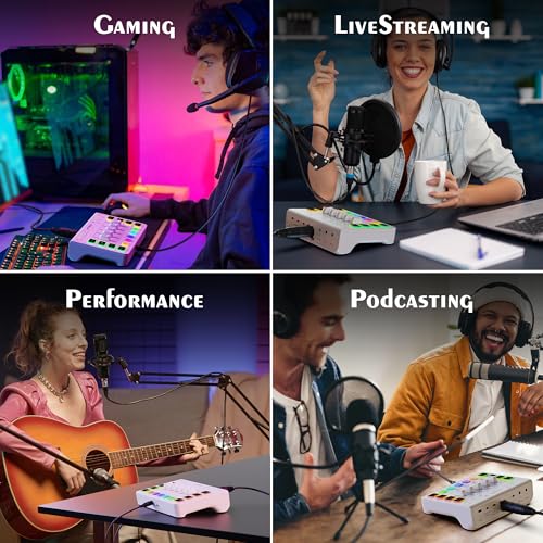 IXTECH Gaming Audio Mixer 4 Channel Soundboard, Streaming RGB PC Audio Interface with XLR Microphone Support, Audio Equalizer for Gaming Podcast Streaming Karaoke, Individual Volume Controls (White)