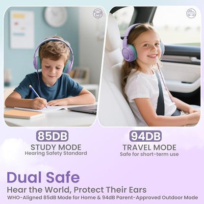 Acer Kids Headphones for School, 85-94dB Limiter, 3.5mm Jack, w/Mic HK03 | Foldable Wired Over Ear Headphones, for Toddler School/Tablet/iPad/PC/Travel, Purple-Green - color: Purple Green