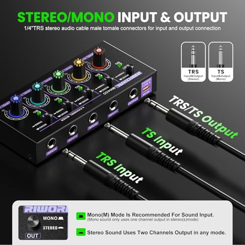 Mini Audio Stereo Mixer 4 Channel 1/4 Inch TSR/TS Audio Input Jack For Line Mixer Stereo/Mono Cutovers Compatible With Mic, Guitars Volume Amplifier Knob Mix Audio Output To Small Mixer & Speaker