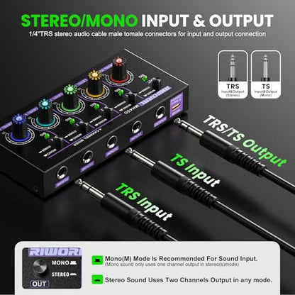 Mini Audio Stereo Mixer 4 Channel 1/4 Inch TSR/TS Audio Input Jack For Line Mixer Stereo/Mono Cutovers Compatible With Mic, Guitars Volume Amplifier Knob Mix Audio Output To Small Mixer & Speaker