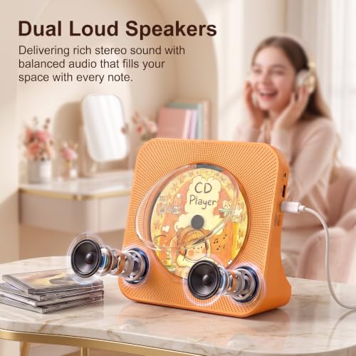 Gueray Portable CD Player with Bluetooth, CD Player with Speaker for Home | Plug-in desktop use,2-way Bluetooth mode, 3W speakers, FM radio, sleep timer, A-B repeat,USB/AUX - color: Orange