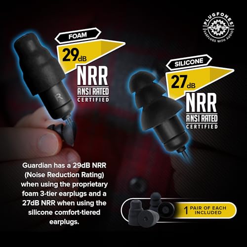 Plugfones Guardian Earplug Headphones - OSHA Compliant Noise-Reducing in-Ear Headphones with Hearing Protection - Wired Hybrid Design for Work and Travel - Includes Silicone & Foam Earplugs - Black - color: Black