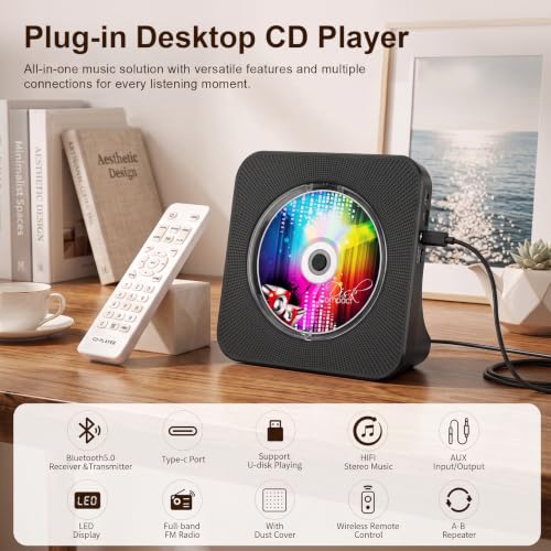 Gueray Portable CD Player with Bluetooth for Home, Hi-Fi Speaker,FM Radio | Plug-in desktop use,2-way Bluetooth mode, 3W speakers,Remote control,sleep timer, A-B repeat,USB/AUX,headphone jack - color: Black