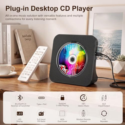 Gueray Portable CD Player with Bluetooth for Home, Hi-Fi Speaker,FM Radio | Plug-in desktop use,2-way Bluetooth mode, 3W speakers,Remote control,sleep timer, A-B repeat,USB/AUX,headphone jack - color: Black
