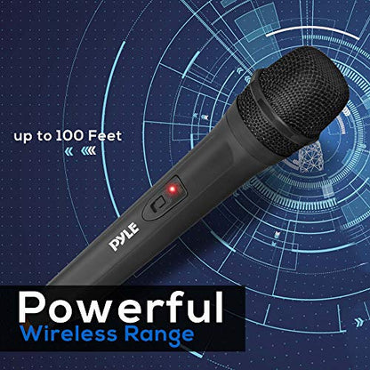 Portable VHF Wireless Microphone System - Professional Battery Operated Handheld Dynamic Unidirectional Cordless Microphone Transmitter Set w/Adapter Receiver, for PA Karaoke DJ Party - Pyle PDWM91.5
