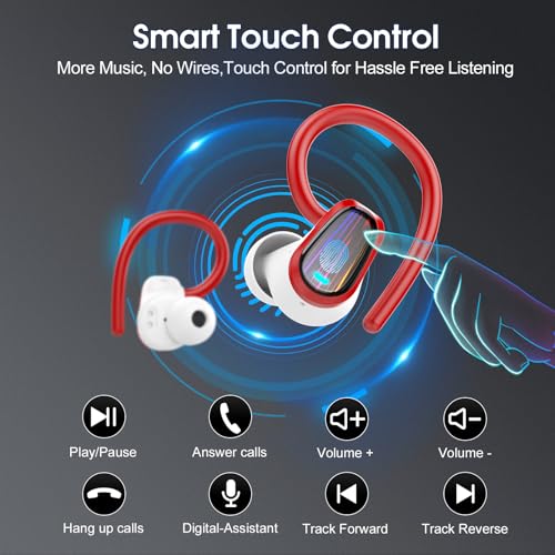 Wireless Earbuds, Bluetooth 5.4 Headphones Sport, Over Ear Buds with ENC Noise Canceling Mic, Deep Bass Stereo Ear Buds with Hook, 50H Playback, LED Display, IP7 Earphones for Workout Running, Red | 50H Playback, IP7 Waterproof Earphones for Workout Runni