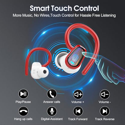 Wireless Earbuds, Bluetooth 5.4 Headphones Sport, Over Ear Buds with ENC Noise Canceling Mic, Deep Bass Stereo Ear Buds with Hook, 50H Playback, LED Display, IP7 Earphones for Workout Running, Red | 50H Playback, IP7 Waterproof Earphones for Workout Runni