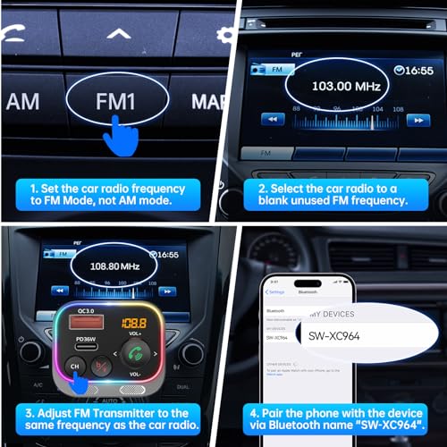 Syncwire Bluetooth 5.4 FM Transmitter Car Adapter 54W (PD 36W & 18W) [Stronger Dual Mics] [Light Switch] [HiFi Bass Sound] [Fast Charging] Wireless Radio Receiver Hands-Free Calling LED Display | [Stronger Dual Mics] [HiFi Bass Sound] [Fast Charging] Wire