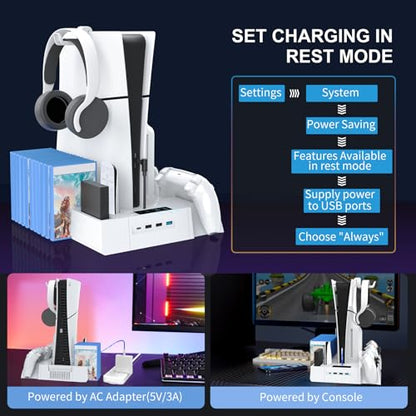 PS5 / PS5 Slim Cooling Station with Controller Charging Station, Cooling Stand for PlayStation 5 Console, PS 5 Dock Accessories Organizer with Storage Slot, PS 5 Cooler Fan, Headset Holder, 4 USB Hub