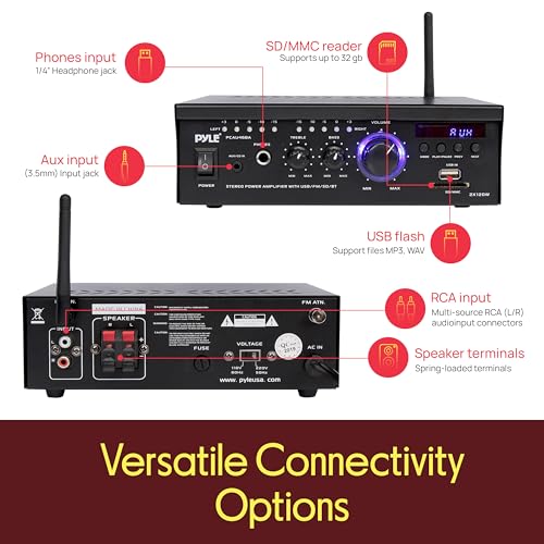 Pyle Bluetooth Computer Speaker Amplifier - 2x120 Watt Home Stereo Power Amplifier Home Audio Receiver System W/Blue Led Display, USB/SD, AUX, RCA, Headphone Jack - Remote - PCAU46BA.5