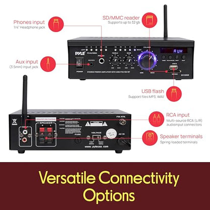 Pyle Bluetooth Computer Speaker Amplifier - 2x120 Watt Home Stereo Power Amplifier Home Audio Receiver System W/Blue Led Display, USB/SD, AUX, RCA, Headphone Jack - Remote - PCAU46BA.5