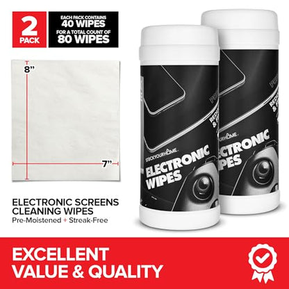 Electronic Screen Cleaner Wipes (80 Count, 2 Pack), Streak Free Pre-Moistened Wipes for Cleaning TVs, Laptops, Phones, Watches, Glasses, Cameras and Computer Screens