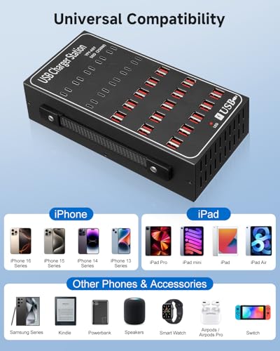 250W USB~c Charging Station, 50 Port (30 USB A & 20 USB~C Port) USB~C Charger Block, Fast Charging Station for Multiple Devices, Desktop USB Charger Compatible for iPhone, iPad, Tablets