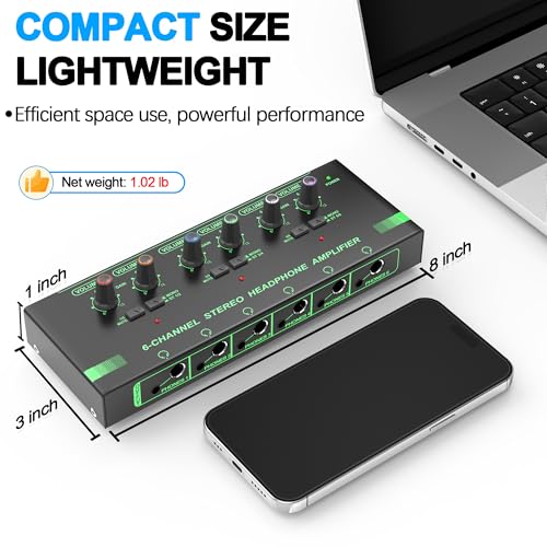HOSONGIN 6 Channels Headphone Amplifier with Independent Volume Control, Compact Mini Earphone Splitter, Stereo/Mono Switch, Compatible with 1/4" & 1/8" TS/TRS for Studio & Stage