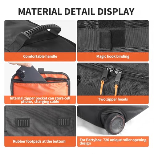 Speaker Case Carry Bag Compatible with JBL PartyBox 720 Portable Speaker, Outdoor Travel Carrying Case Tote Bag Storage Pockets for Charging Cable and Accessories