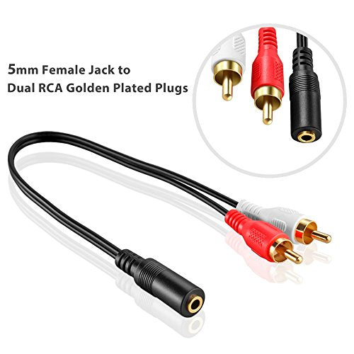 3.5mm to RCA Stereo Audio Cable Adapter | Female to Male, Bi-Directional, AUX Auxiliary Headphone Jack Plug Y Splitter, Left / Right 2RCA Male Connector Plug