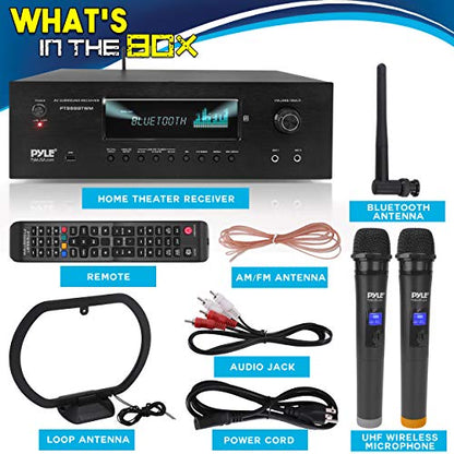 Pyle 1000W Bluetooth Home Theater Karaoke Receiver - 5.2-Ch Stereo Amplifier 2 UHF Wireless Microphone Video Pass-Through Supports, MP3/USB/HDMI/AM/FM Radio - Pyle PT888BTWM.5