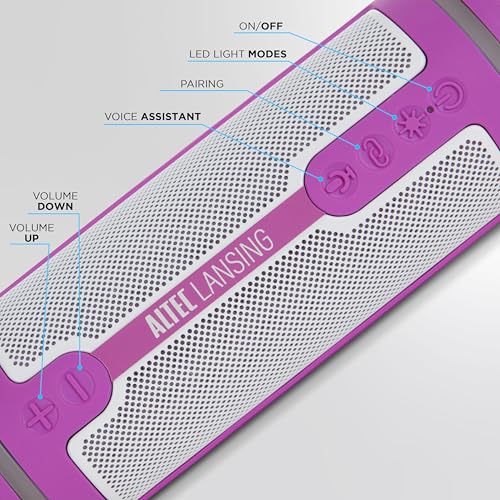 Altec Lansing HydraMOTION 2.0 Wireless Bluetooth Speaker, 16H Battery, RGB Lights, USB-C Quick Charge, IP67 Rated Waterproof Bluetooth Speaker, Mountable, Voice Assistant - color: Purple/White