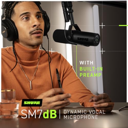 Shure SM7dB Dynamic Vocal Mic with Preamp for Streaming - Black | Dynamic vocal mic with built-in preamp for streaming, podcasting and recording; warm smooth sound, rugged build - style: SM7dB