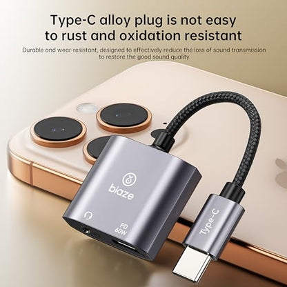 USB‑C to 3.5 mm Headphone & Charger Adapter – 60 W PD Fast Charging, Hi‑Res DAC, Call‑Ready, Compact Aluminium Splitter for Phone/Android/Tablet