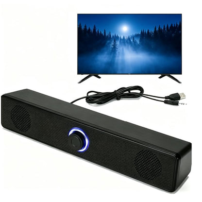 Computer Speakers USB Powered Wired Stereo with Illuminated Volume Knob and 3.5mm Aux Plug for PC Desktop Laptop Office with Clear Audio Easy Setup and Portable Design - color: Black