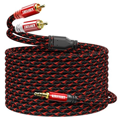 KIRFEIHT RCA to 3.5mm Audio Cable - 50FT AUX OFC Core Cord RCA Cables with Nylon Braided 1/8 Gold-Plated Connectors for Smartphones, Tablets, Speakers, HDTV, Amplifiers - Red & Black - size: 50FT, style: 2RCA TO 3.5MM