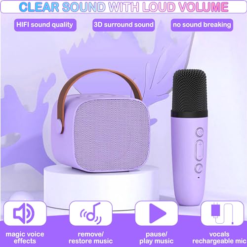 Portable Bluetooth Karaoke Speaker with 2 Wireless Microphones & LED Lights for Kids Birthday Parties - color: K1-2MIC-PURPLE