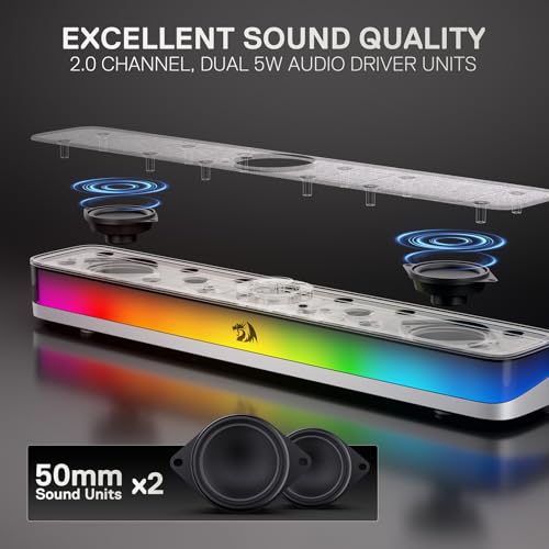 Redragon GS515 RGB Desktop Soundbar, 2.0 Stereo Enhanced Sound, BT 5.3 | 6 Dynamic Lighting Effects, Wireless & Wired Connectivity, Compact Design,Plug & Play USB Powered PC Gaming Speaker - color: Gray