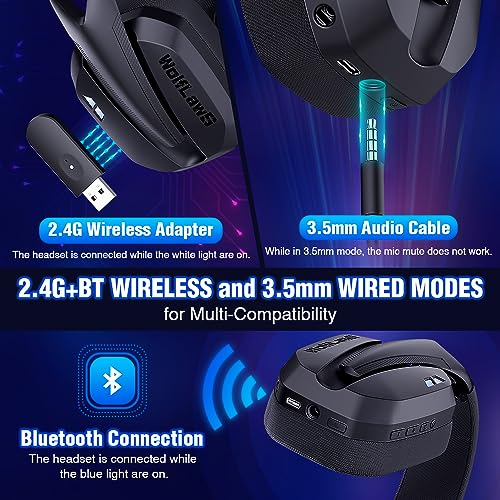 Wireless Gaming Headset for PS5, PS4, PC, Mac, Switch, Bluetooth Over-Ear Headphones with Detachable and Built-in Mics, Low Latency, Lightweight, Noise Isolation, 48H Battery