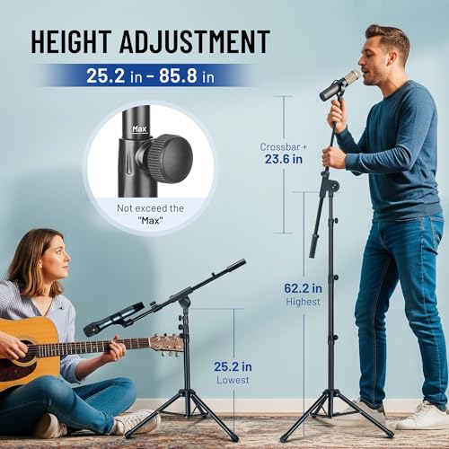 CAHAYA Mic Stand Floor Adjustable - Tripod Boom Arm Microphone Stand with Carrying Bag 2 Mic Clips 3/8" to 5/8" Adapter for Singing Podcast Compatible with Blue Yeti Shure SM58 SM48 Fifine K669B - color: Black, style: Standard Version