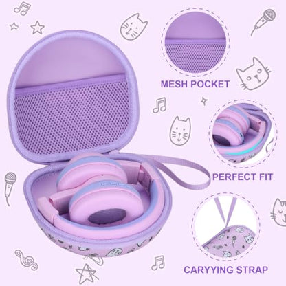 Kids Headphone Case for Tonies/iClever/Acer, Cat Purple(Case Only) | for iClever BTH12 HS19 BTH22 BTH20 BTH18 BTH26/JBL Junior 320/MIDOLA/JoySpark/eKids/ ADOOPE/JLab Girls Boy Kids Headphone - color: Kitten Print-Purple