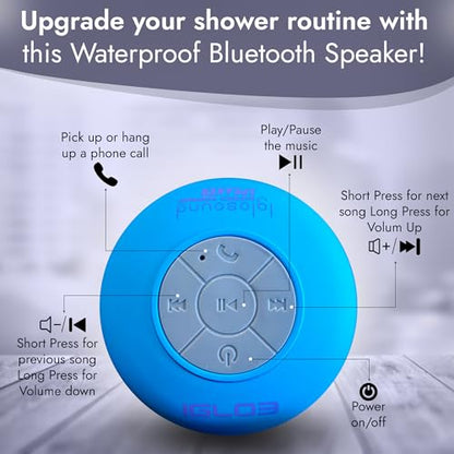 IgloSound Water Resistant HD Bluetooth 4.0 Speaker - Control Buttons and Dedicated Suction Cup for Showers or Pool - Built-in Microphone and Voice Control - Outdoor Suitable - 6hrs of Playtime (Blue)