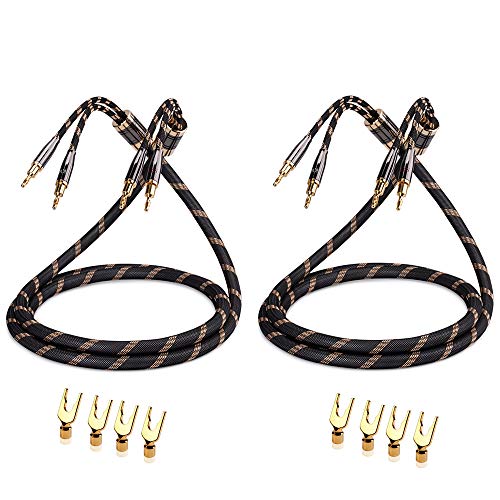 SKW A Pair Audiophile Speaker Cable,Convertible Banana Spade Gold Plated Connector,Nylon Braid,HiFi Quality Cable(8.2ft/2.5M,2 Cables for 2 Speakers) | 12AWG, 24K Gold-plated Convertible Plugs, 12.8mm Nylon-braid Jacket, Dual-shielded, Ultra-High Purity C