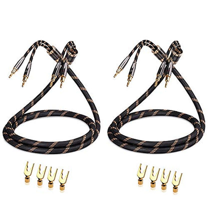 SKW A Pair Audiophile Speaker Cable,Convertible Banana Spade Gold Plated Connector,Nylon Braid,HiFi Quality Cable(8.2ft/2.5M,2 Cables for 2 Speakers) | 12AWG, 24K Gold-plated Convertible Plugs, 12.8mm Nylon-braid Jacket, Dual-shielded, Ultra-High Purity C