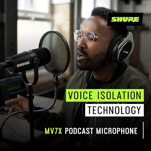 Shure MV7X XLR Podcast Microphone with XLR Cable - Dynamic Mic for Podcasting & Vocal Recording, Voice-Isolating Technology, All Metal Construction, Mic Stand Compatible, Optimized Frequency - Black