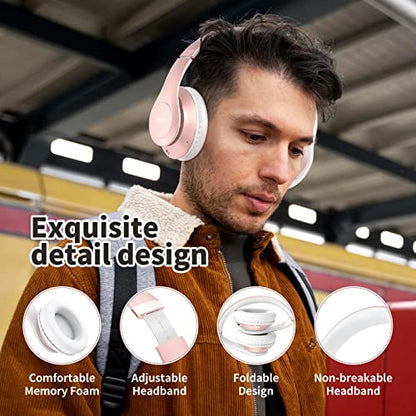 Uliptz Bluetooth Headphones Over Ear, Wireless HiFi Stereo Foldable Headset | 65H Playtime, Bluetooth 6.0, 6 EQ Modes, Built-in Mic, Deep Bass Stereo, Lightweight Design for Home, Office, Travel & PC - color: Rose Gold