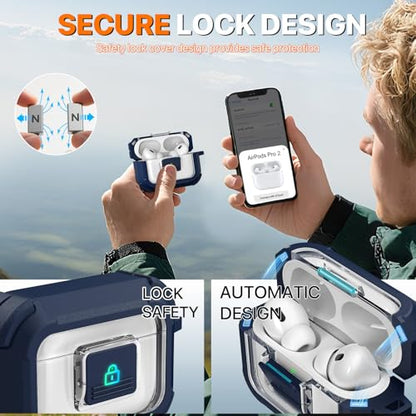 for AirPods Pro 2 Case with Lock Magnetic Lid, Blue | Compatible with AirPods Pro 2nd Generation and AirPods Pro 1st Generation (2019) Case with Cleaner Kit & Carabiner, MagSafe - color: TW-Blue, size: Airpoods Pro 1st/2nd Generation