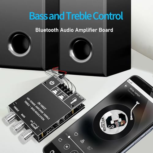 ZK-1002T Bluetooth Audio Amplifier Board,100W×2Power Amplifier,DC12-24V Bluetooth Audio Power Amplifier Board, Board with Treble and Bass Control,Supports AUX/Bluetooth - size: ZK-1002T