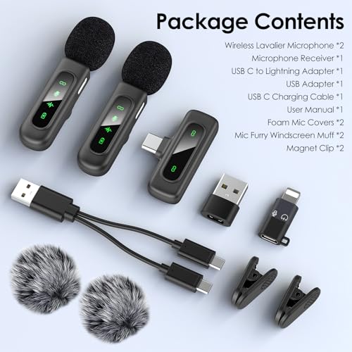HEHOTTC USB C Mini Wireless Lavalier Microphone for iPhone/Android,Lapel Mic with Magnetic Clip-on for Record Video，Lav Mic with LED Display Podcast Vlog Content Creator Interview